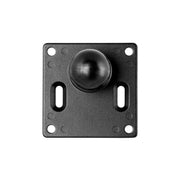 The VESA 75 to 38mm (1.5 inch) Ball Adapter Plate is a black, marine-grade aluminum square with a central 38mm ball mount, six mounting holes—four at the corners and two slots beside the knob—shown on a white background.
