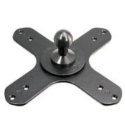 The VESA 75 / VESA 100 to 20mm Ball Mount Bracket Adapter is a black metal X-shaped plate with a central 20mm ball mount and multiple holes for screws or bolts, perfect as a VESA mount adapter for your monitor bracket setup.