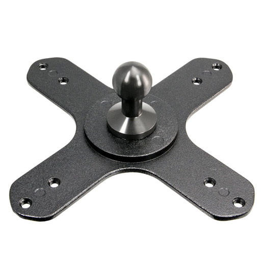 The VESA 75 / VESA 100 to 20mm Ball Mount Bracket Adapter is a black metal X-shaped plate with a central 20mm ball mount and multiple holes for screws or bolts, perfect as a VESA mount adapter for your monitor bracket setup.