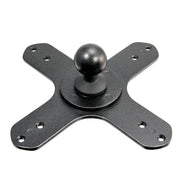 The VESA 75 / VESA 100 to 25mm Ball Mount Bracket Adapter is a black, X-shaped metal bracket with a central ball joint and multiple screw holes, designed for mounting and adjusting devices or accessories.