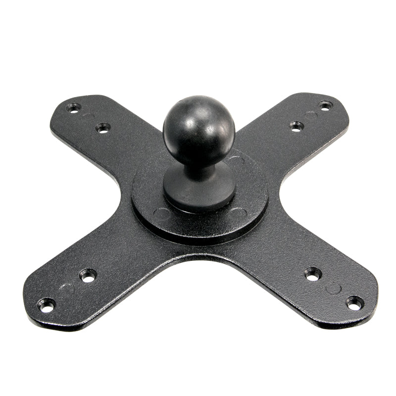 The VESA 75 / VESA 100 to 25mm Ball Mount Bracket Adapter is a black, X-shaped metal bracket with a central ball joint and multiple screw holes, designed for mounting and adjusting devices or accessories.