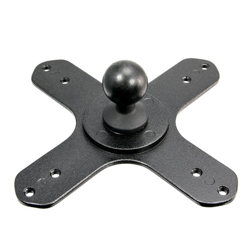 The VESA 75 / VESA 100 to 25mm Ball Mount Bracket Adapter is a black, X-shaped metal bracket with a central ball joint and multiple screw holes, designed for mounting and adjusting devices or accessories.