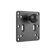 The VESA 75 / VESA 100 to 38mm (1.5 inch) Ball Adapter Plate is a black metal plate with multiple screw holes and a central 38mm ball adapter, allowing you to mount equipment to flat surfaces using standard VESA patterns.