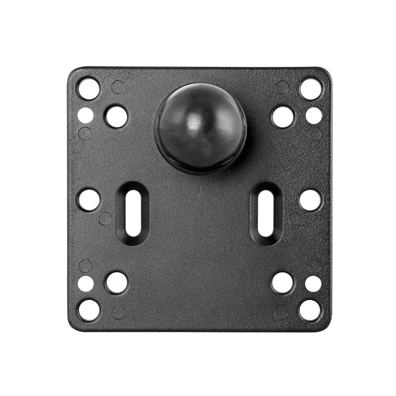 The VESA 75 / VESA 100 to 38mm (1.5 inch) Ball Adapter Plate is a black metal plate with multiple holes, two slots, and a central raised 38mm ball adapter knob, shown against a white background.