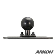 The ARKON VESA 75 / VESA 100 to 38mm (1.5 inch) Ball Mount Adapter Plate is shown with a black mounting base, compatible 38mm ball mount, two screws, and the ARKON logo in the bottom right corner.