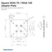 Diagram of the VESA 75 / VESA 100 to 38mm (1.5 inch) Ball Mount Adapter Plate with labeled dimensions, mounting hole distances, plate thickness (side view), and a reminder to verify your devices VESA pattern before installation.
