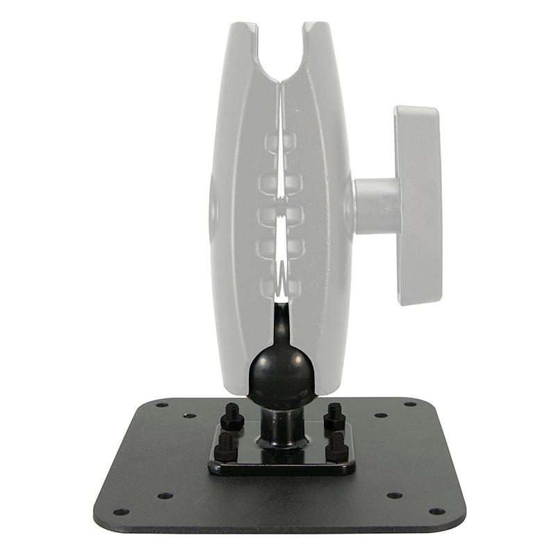 The VESA 75 / VESA 100 to 38mm (1.5 inch) Ball Mount Adapter Plate is shown in black metal, side view, with an adjustable ball compatible mount and a semi-transparent gray arm highlighting its monitor plate position.