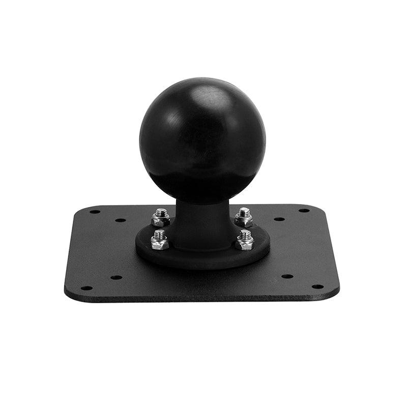 The VESA 75 / VESA 100 to 57mm (2.25 inch) Ball Mount Adapter Plate is a black metal plate with a central 57mm ball mount, secured by four bolts, shown against a white background.