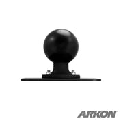 The VESA 75 / VESA 100 to 57mm (2.25 inch) Ball Mount Adapter Plate is shown attached with two bolts to a flat base, featuring a black finish on a white background and the ARKON logo in the bottom right corner.