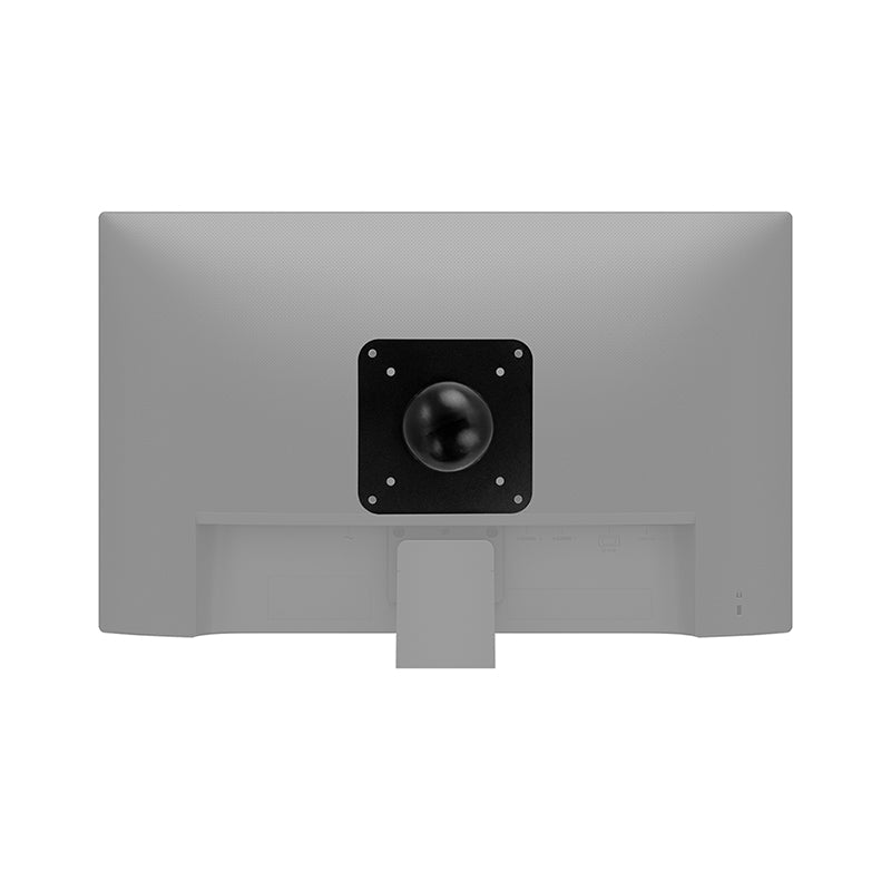 Rear view of a computer monitor featuring the VESA 75 / VESA 100 to 57mm (2.25 inch) Ball Mount Adapter Plate, with the square mounting plate centered above the stand connection point.