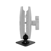 The VESA 75 / VESA 100 to 57mm (2.25 inch) Ball Mount Adapter Plate features a metal bracket with a 57mm ball mount joint, adjustable clamp arm, and a square base with four holes for secure surface mounting.