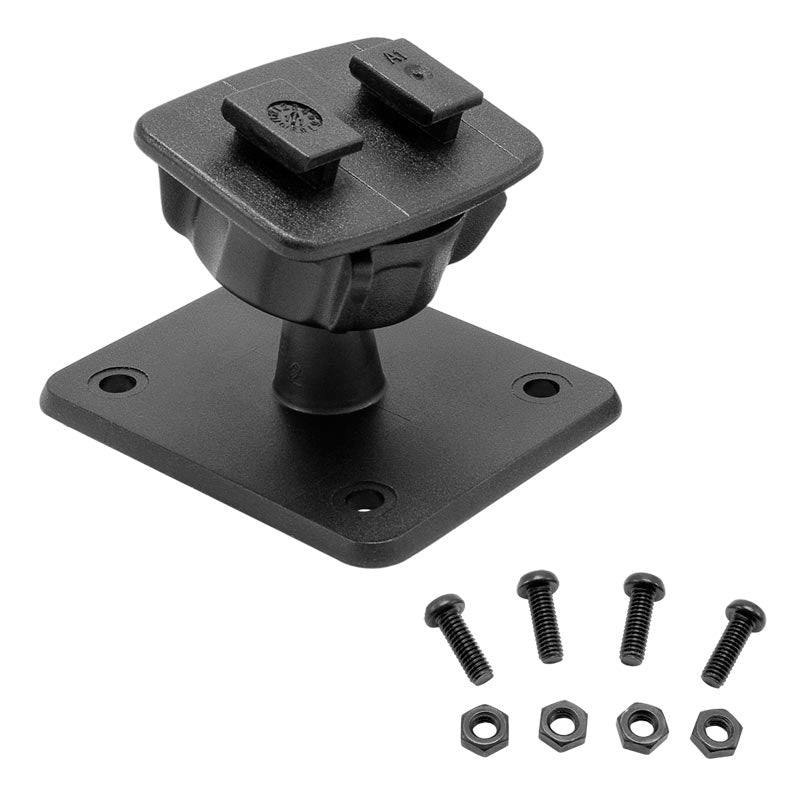 A black VSM or AMPS Pattern Adapter with an adjustable joint, square base with four holes, and five matching screws and nuts—serves as a Dual-T mount adapter compatible with Magellan RoadMate GPS mounts.