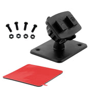 A VSM or AMPS Pattern Adhesive Swivel Adapter includes a black Dual-T mount bracket with adjustable base, five black screws, five nuts, and a red adhesive swivel adapter pad, all arranged on a white background.
