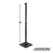 A 29-inch black adjustable camera stand with a rectangular weighted base, designed for converting CLAMPRV29 and CLAMPRCB. The ARKON logo is in the bottom right corner. Product: Weighted Base and Pole.