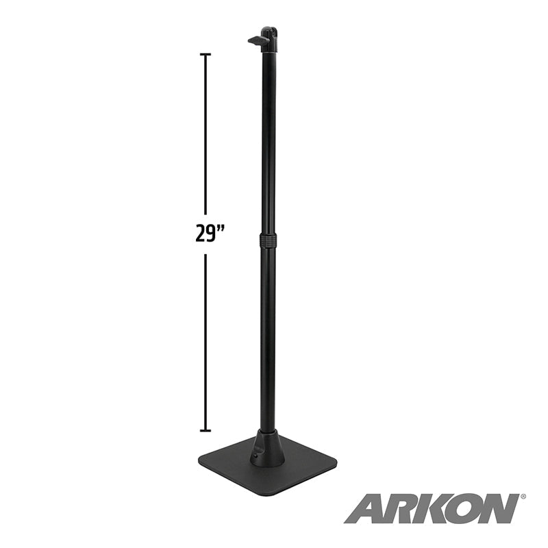 A 29-inch black adjustable camera stand with a rectangular weighted base, designed for converting CLAMPRV29 and CLAMPRCB. The ARKON logo is in the bottom right corner. Product: Weighted Base and Pole.