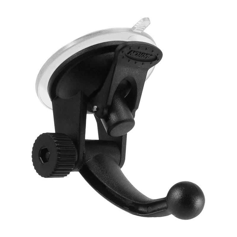 The Windshield Car Mount for Garmin nuvi 40, 50, 200, 2013, 24x5, and 25x5 Series GPS features a black suction cup with an adjustable arm and a 17mm swivel ball for secure attachment to smooth surfaces or versatile mounting.