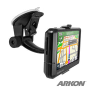 A Windshield Car Mount for Garmin nuvi 40, 50, 200, 2013, 24x5, and 25x5 Series GPS is attached to a surface. The screen shows a colorful map and directions. ARKON appears at the bottom right corner. Compatible with Garmins 17mm swivel ball design.