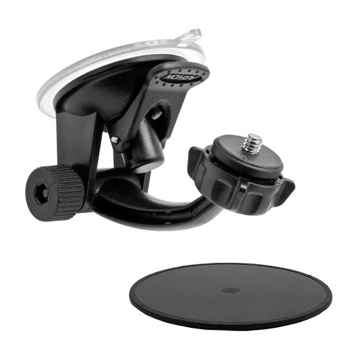 The Windshield or Dash Camera Car Mount for Canon, Fujifilm, and other digital cameras features a black suction cup and round detachable base for secure attachment to flat surfaces like windshields or dashboards.