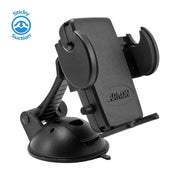 The Windshield or Dash Car Mega Grip™ Phone Holder Mount securely holds iPhone, Galaxy, and Note devices with adjustable arms and a suction cup base. Features ARIKON branding and the Sticky Suction logo. Ideal for universal in-car phone mounting.