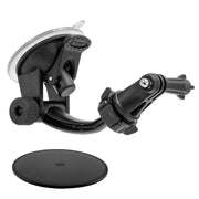 GoPro HERO Action Camera Holder with Suction Mount and Adhesive Disk, featuring an adjustable arm and screw knobs, securely attaches devices to smooth surfaces like windshields or dashboards.