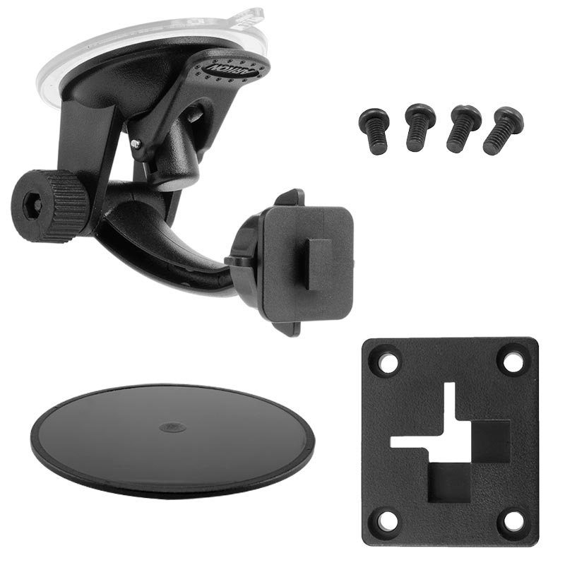The Windshield or Dash Car Mount for XM and Sirius Satellite Radio features a black suction cup, adjustable arm, four screws, a 4-hole AMPS GPS mount plate, and a round adhesive pad, shown on a white background.