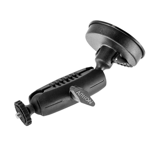The ARKON Windshield Suction Camera Mount is a black, heavy-duty mount with an adjustable arm and knob, using a 1/4-20 camera mounting pattern—ideal for securely mounting cameras or phones to smooth surfaces.