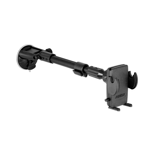 The Windshield Suction Car Mega Grip™ Phone Mount features a black extendable arm, suction cup base, and adjustable phone clamp—ideal as a windshield phone mount for cars or trucks.