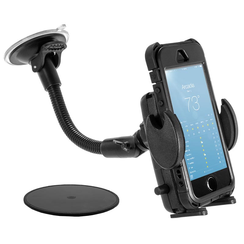 The Windshield Suction Car Mount for iPhone, Galaxy, and Note features a black universal holder with a flexible gooseneck and suction cup base, ideal for hands-free navigation while using apps like weather on your smartphone.