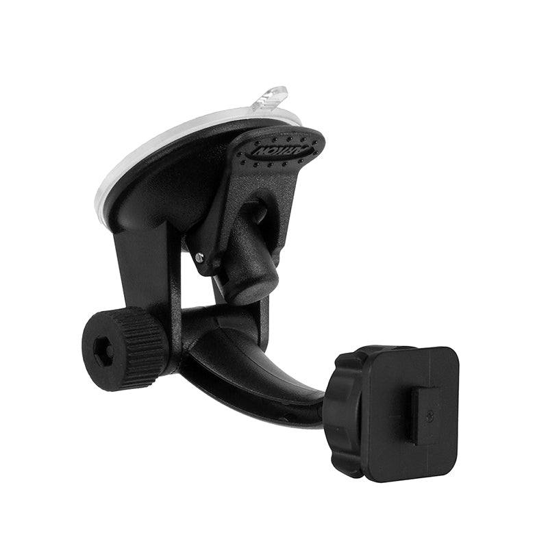 The Windshield Suction Car Mount - Single T Pattern Compatible securely holds devices on your windshield or smooth surfaces with its black adjustable mount, rectangular holder, and strong suction base.