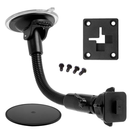 The Windshield Suction Car Mount with 8.5 gooseneck for XM and Sirius Satellite Radio, shown in black with a rectangular plate, four screws, and a round adhesive pad on a white background.