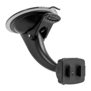 The Windshield Suction Car Mounting Pedestal - Dual-T Compatible features a black curved arm, suction cup base, and rectangular device holder, shown on a white background. Fits dual-T-slot pedestal systems such as the Arkon TravelMount.