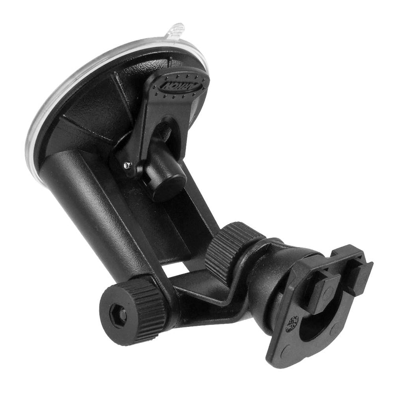 The Windshield Suction Mounting Pedestal - Dual-T Compatible is a black plastic mount with an adjustable arm and clamp, ideal for securing devices like GPS units, phones, or tablets to car windshields or other smooth surfaces.