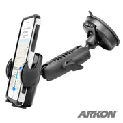 The Windshield Suction Phone Mount for Mega Grip™ securely holds a smartphone displaying map navigation, shown at an angle on a white background with the Arkon logo in the corner.